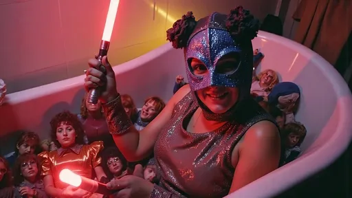 Prompt: masked female luchador (dressed in full luchador costume with mask and sparkly details) in colorful, sparkly costume and mask, vintage bathtub filled with toy luchadores and vibrant light sticks, whimsical atmosphere, playful and lively, ultra-detailed, HD, , surreal and fun setting, capturing a magical moment of playfulness and nostalgia, visually striking tableau.
