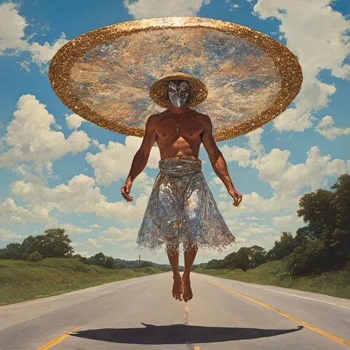 Prompt: <mymodel>a masked luchador wrestler wearing a large sparkling hat floating in the middle of the road 
