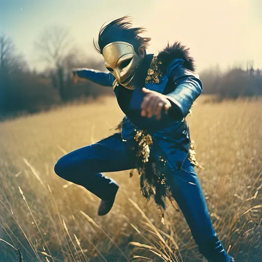 Prompt: <mymodel>  photo , film  luchador fighter dressed in dark blue   and gold and black sparkly fur  jacket and mask and bodysuit dancing and jumping  in a field , faded photo, light leak, film burn ,fish eye lens, wide lens, 8m"m lens, lens flare