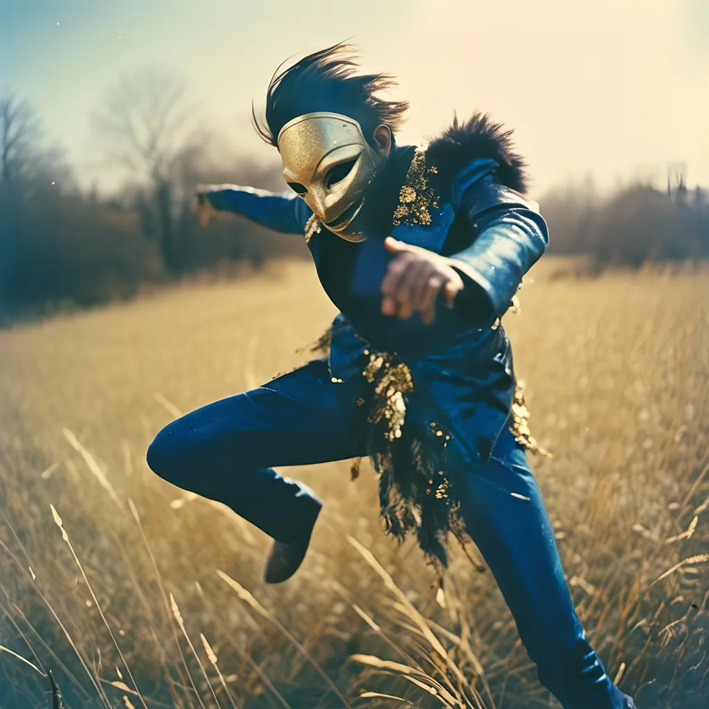 Prompt: <mymodel>  photo , film  luchador fighter dressed in dark blue   and gold and black sparkly fur  jacket and mask and bodysuit dancing and jumping  in a field , faded photo, light leak, film burn ,fish eye lens, wide lens, 8m"m lens, lens flare