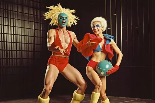 Prompt: masked male and female  luchadores wrestlers in a vintage 1950 jail scene, playing a big band swing band in 1950s swing style suits. wearing 1950s fashion made of corn, Lomography 