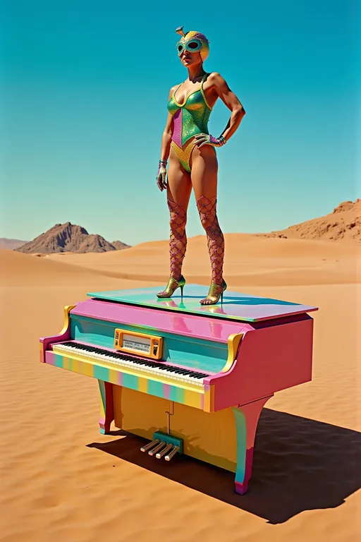 Prompt: masked female luchador (dressed in full luchador costume with mask and sparkly details) in colorful, sparkly costume and mask, standing on top of a colorful  grand piano in the middle of the desert , whimsical atmosphere, playful and lively, ultra-detailed, HD, , surreal and fun setting, capturing a magical moment of playfulness and nostalgia, visually striking tableau. 