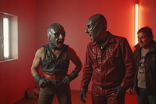 Prompt: a small group (no more than 4 people) luchadores wrestlers. screaming at each other , dynamic  scene. people look very upset, and angry  in a florescent lit room, with a 1980's simple brutalist design aesthetic. 
8K , super detailed . in a 1980's indie cinematic look
photograph, grainy film look