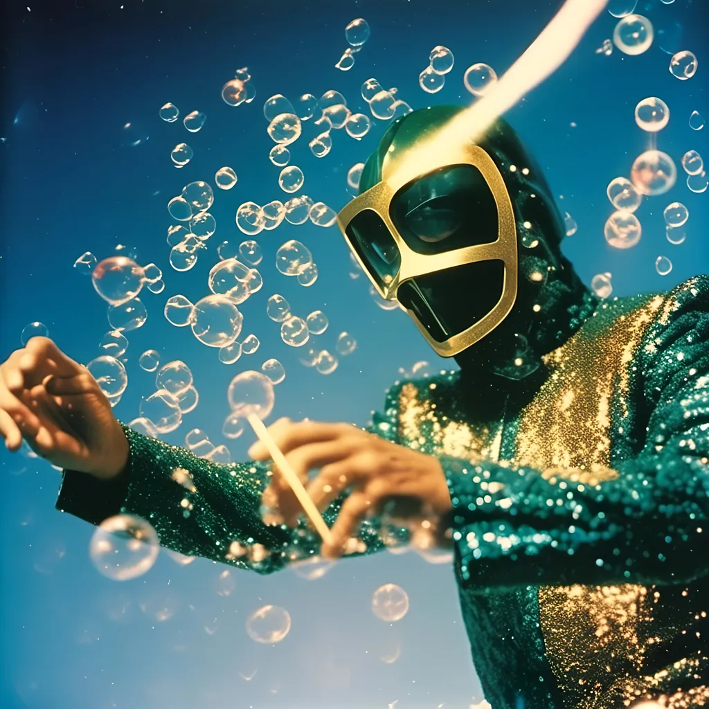 Prompt: <mymodel>  night shot, flash luchador fighter dressed in  dark teal gold sparkly fur  jacket and mask and bodysuit shooting a soap bubble gun
, faded photo, light leak, film burn, flash ,fish eye lens, wide lens, 8m"m lens, lens flare, polaroid, high contrast, low angle, motion blur, slow shutter