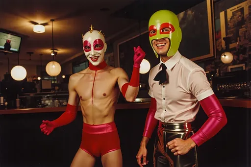 Prompt: masked luchadores wrestlers in a vintage 1950 bar scene, dancing in 1950s swing style. wearing 1950s fashion, silver gelatin 