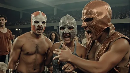 Prompt: a small group (no more than 4 people) luchadores wrestlers (dresses in  themed luchador costume, masks and bodysuits) screaming at each other , dynamic  scene. people look very upset, and angry  
photograph, grainy film look fully masked luchador in sparkly costumes .a small group (no more than 4 people) luchadores wrestlers. screaming at each other , dynamic  scene. people look very upset. with ., whimsical atmosphere, playful and lively, ultra-detailed, HD, , surreal and fun setting, capturing a magical moment of playfulness and nostalgia, visually striking tableau.