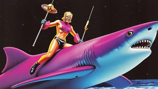 Prompt: female Luchador wrestler (dressed in full body luchador costume with full face luchador mask) riding  a huge shark, lens flare, wide angle, dynamic pose , retro futurism