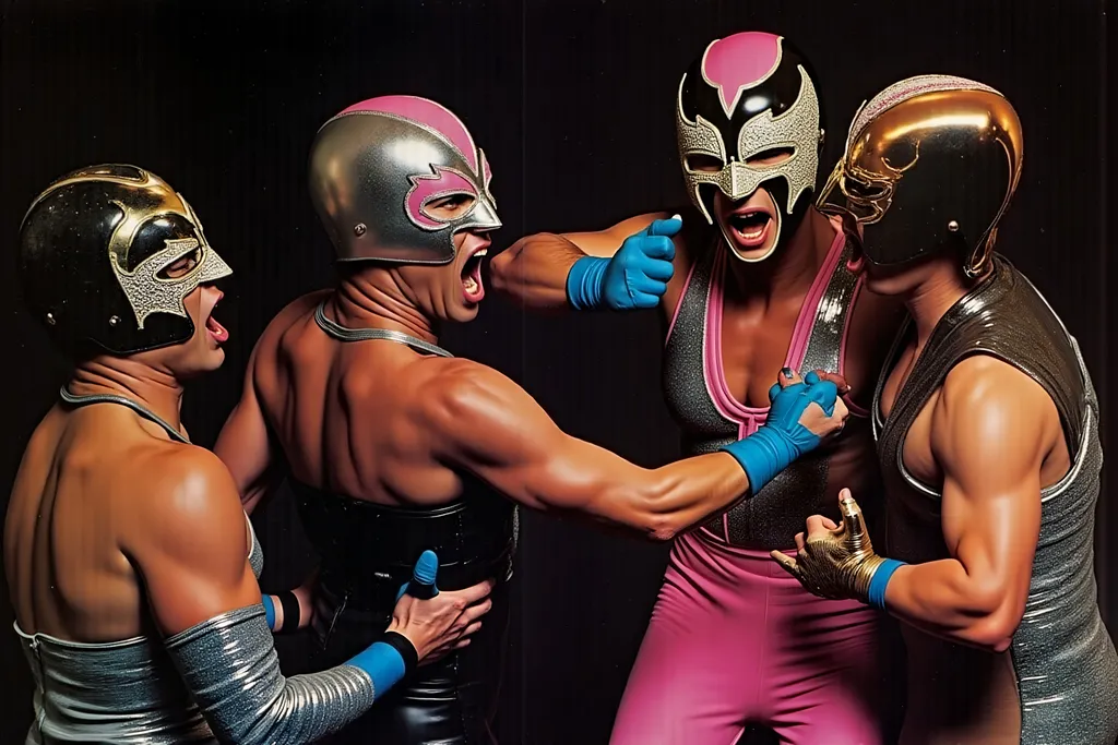Prompt: fully masked luchador in sparkly costumes .a small group (no more than 4 people) luchadores wrestlers. screaming at each other , dynamic  scene. people look very upset. with a 1980's simple brutalist design aesthetic.