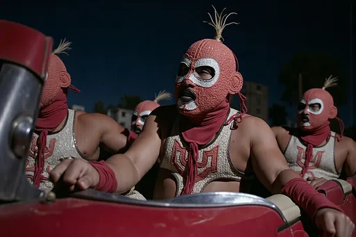 Prompt: small group older masked  luchador wrestlers (all characters are wearing very elaborate bodysuits and full face masks), they are  driving vintage muscle cars through a post-apocalyptic city at night
 Arie Smit, retrofuturism, Ekta chrome photograph, a colorized photo, low-fidelity dreamy aesthetic, flare, low quality, analog photography David LaChapelle, magical realism.