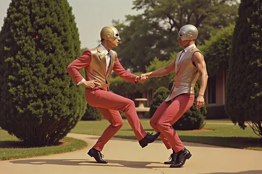 Prompt: masked male and female  luchadores wrestlers in a vintage 1950 garden scene, dancing in 1950s swing style suits. wearing 1950s fashion, silver gelatin 