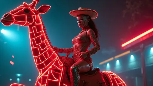 Prompt: female Luchador wrestler (dressed in full body luchador costume with full face luchador mask) riding  a mechanical with neon lights  giraffe , lens flare, wide angle, dynamic pose , retro futurism