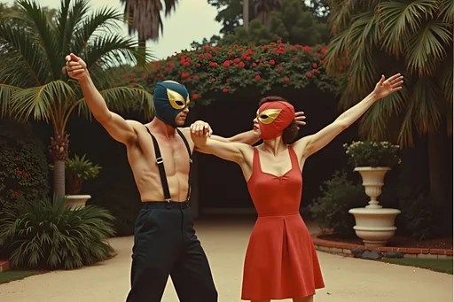 Prompt: Create a movie poster titled, masked male and masked  female luchadores wrestlers in a vintage 1950 garden scene, dancing in 1950s swing style suits. wearing 1950s fashion