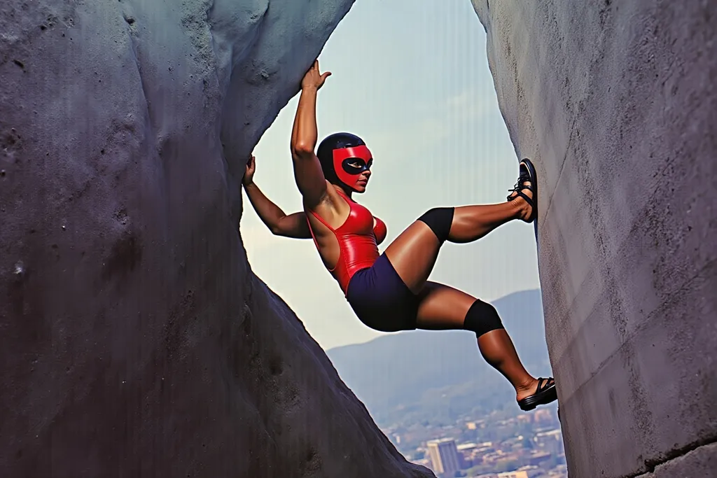 Prompt: masked female luchador wrestler rock climbing a mountain