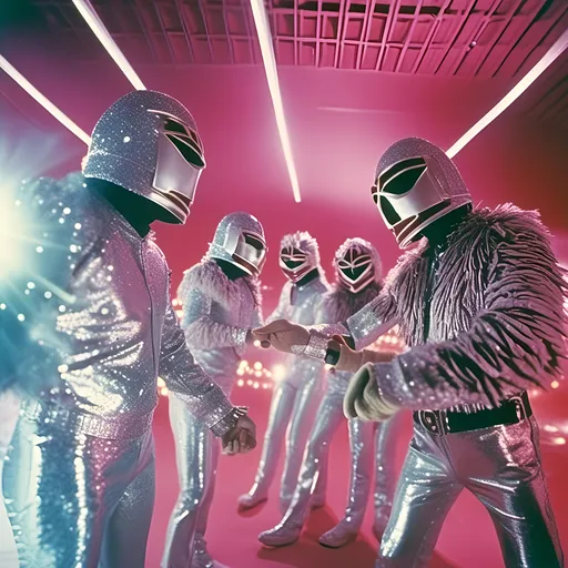 Prompt: <mymodel>  160  luchadores fighters dressed in silver and merlot sparkly fur  jacket and mask and bodysuit playing darts , faded photo, light leak, film burn ,fish eye lens, wide lens, 8m"m lens, lens flare