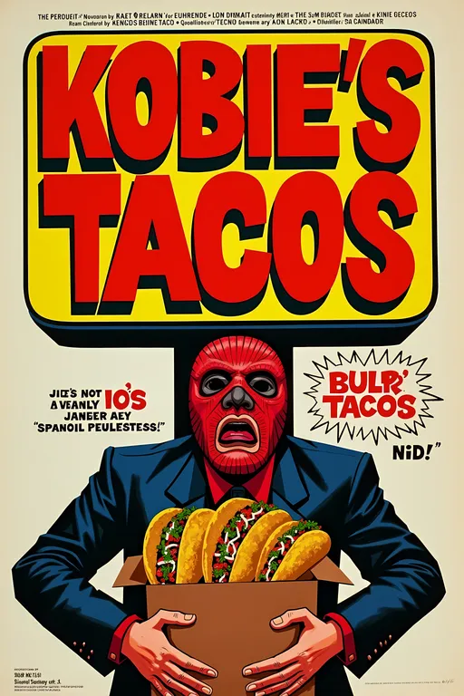 Prompt: Create a movie poster titled- "KOBIE'S TACOS' in 60s Style Movie Poster with  Mexican punk esthetic , masked 
 luchador with exaggerated expression, holding a small brown box with three  tacos in it. large  sign "KOBIE'S TACOS"  in the background.