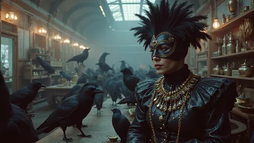 Prompt: a cinematic longshot scene taking place in a vintage atrium full with hundreds of  ravens . a luchador siting alone in the store (she is wearing very elaborate luchador costume with jewels and feathers with full face luchador mask).  Ekta chrome photograph, a colorized photo, low-fidelity dreamy aesthetic, flare, analog photography 
