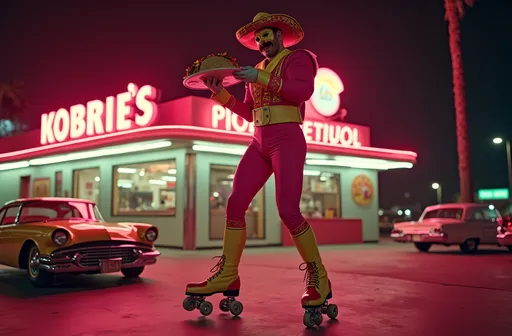 Prompt: (Beautiful 1960s masked luchador  on roller skates), mid-century style space-age architecture, bringing a tray of tacos to a customer, (vibrant pink and yellow uniform), (plump curvy figure), long shapely legs, lively atmosphere, retro decor, Los Angeles drive-in, joyful expressions, nighttime scene, bright neon lights sign correctly spelling KOBIE'S BURRITO, soft fluorescent lighting, ultra-detailed, 8k resolution, photorealistic, dynamic composition, high quality, nostalgic charm, classic 1960s cars in background.