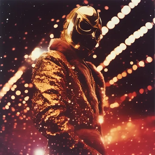 Prompt: <mymodel>  photo , film , flash .
night shot, flash luchador fighter dressed in  merlot and gold and white sparkly fur  jacket and mask and bodysuit spitting fire , faded photo, light leak, film burn, flash ,fish eye lens, wide lens, 8m"m lens, lens flare, polaroid, high contrast, low angle