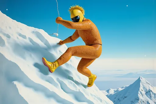 Prompt: masked  luchador wrestler in bodysuit made of corn  ice climbing a mountain.
retrofuturism style 