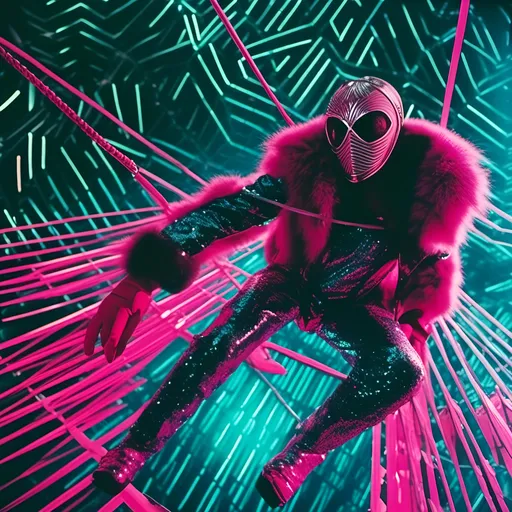 Prompt: <mymodel>  night shot, flash luchador fighter dressed in dark pink and dark neon teal sparkly fur  jacket and mask and bodysuit swinging from the on a huge swing in a jungle 
retrofuturism, faded photo, light leak, film burn, flash ,fish eye lens, wide lens, 8m"m lens, lens flare, polaroid, high contrast, low angle