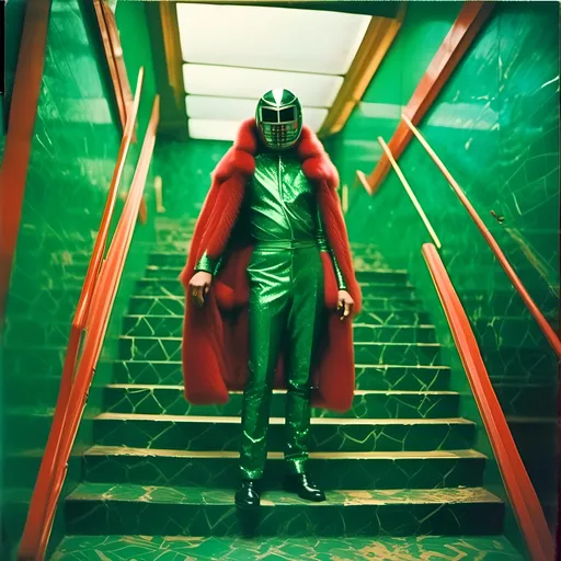 Prompt: <mymodel>   luchador fighter dressed in  green red sparkly fur  jacket and mask and bodysuit in staircase 
retrofuturism, faded photo, light leak, film burn, flash ,fish eye lens, wide lens, 8m"m lens, lens flare, polaroid, high contrast, low angle, motion blur, slow shutter