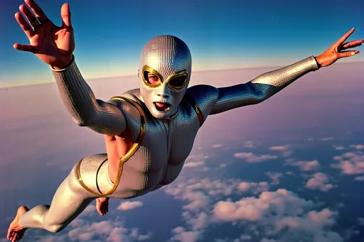 Prompt: masked  luchador wrestler in  sparkly  bodysuit   sky diving
retrofuturism style , photography 