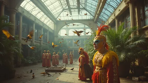 Prompt: a cinematic longshot scene taking place in a vintage and deserted glass  atrium full with thousands of  parrots flying around . a small group of luchadores are  in the atrium (they are all is wearing very elaborate luchador costume with jewels and feathers with full face luchador mask).  Ekta chrome photograph, a colorized photo, low-fidelity dreamy aesthetic, flare, analog photography 