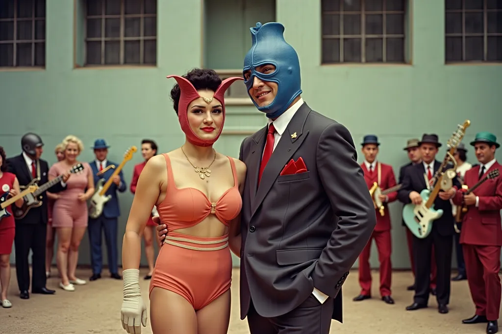 Prompt: masked male and female  luchadores wrestlers in a vintage 1950 jail outdoor court scene, playing a big band swing band in 1950s swing style suits. wearing 1950s fashion made of corn, Lomography 