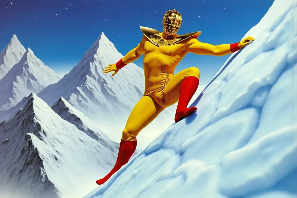 Prompt: masked  luchador wrestler in bodysuit made of corn  ice climbing a mountain.
retrofuturism style 