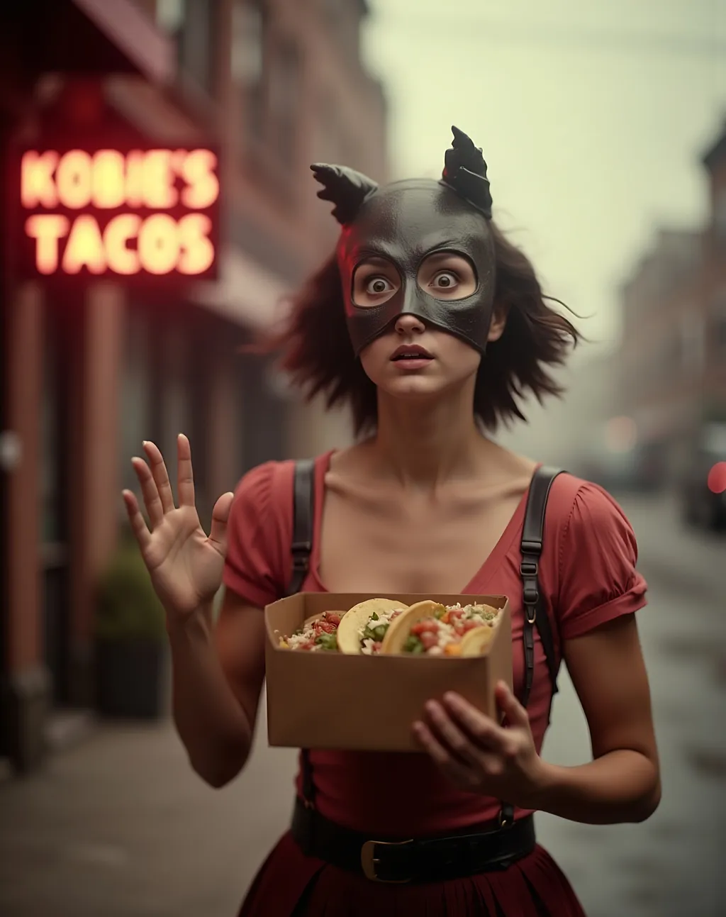 Prompt:  1980s punk esthetic , masked 
 female luchador with exaggerated expression, holding a small brown box with three  tacos in it. large  sign "KOBIE'S TACOS"  in the background.