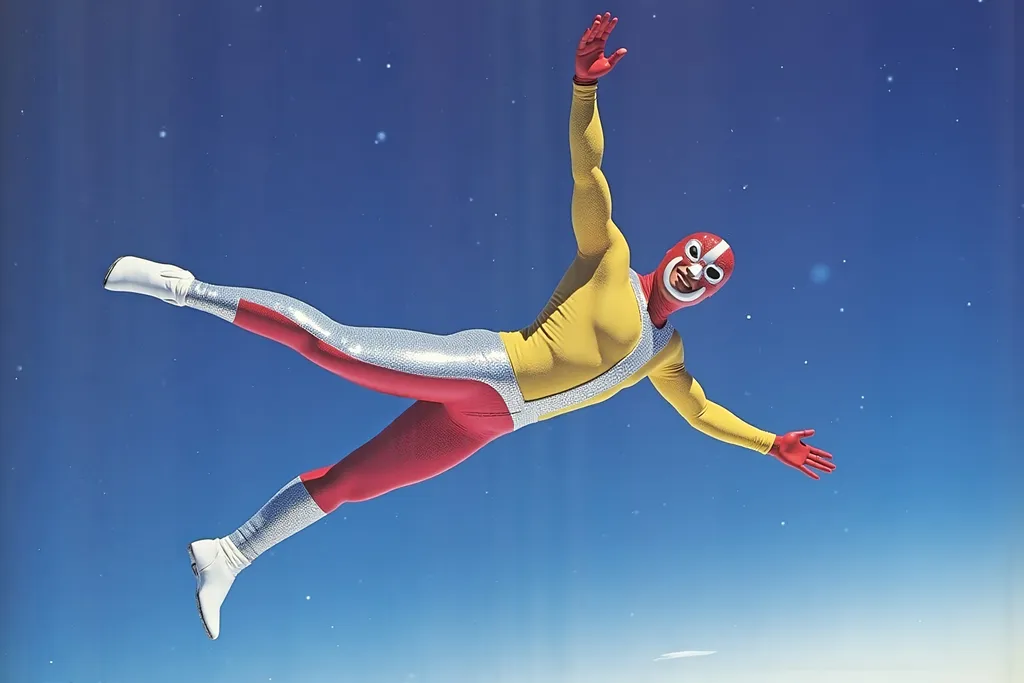 Prompt: masked  luchador wrestler in  sparkly  bodysuit   sky diving
retrofuturism style , photography 