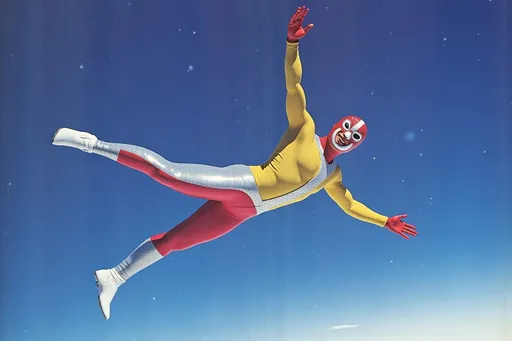 Prompt: masked  luchador wrestler in  sparkly  bodysuit   sky diving
retrofuturism style , photography 