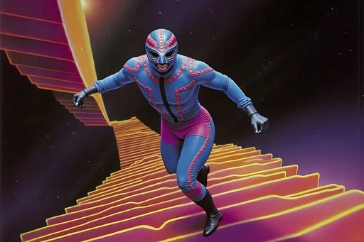 Prompt: masked luchador (in a full sparkly luchador costume) running down a never-ending spiral staircase 