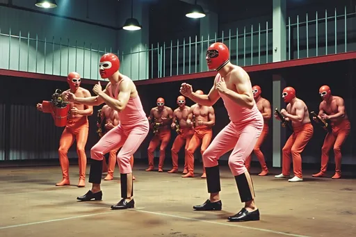 Prompt: masked male and female  luchadores wrestlers in a vintage 1950 jail outdoor court scene, playing a big band swing band in 1950s swing style suits. wearing 1950s fashion made of corn, Lomography 