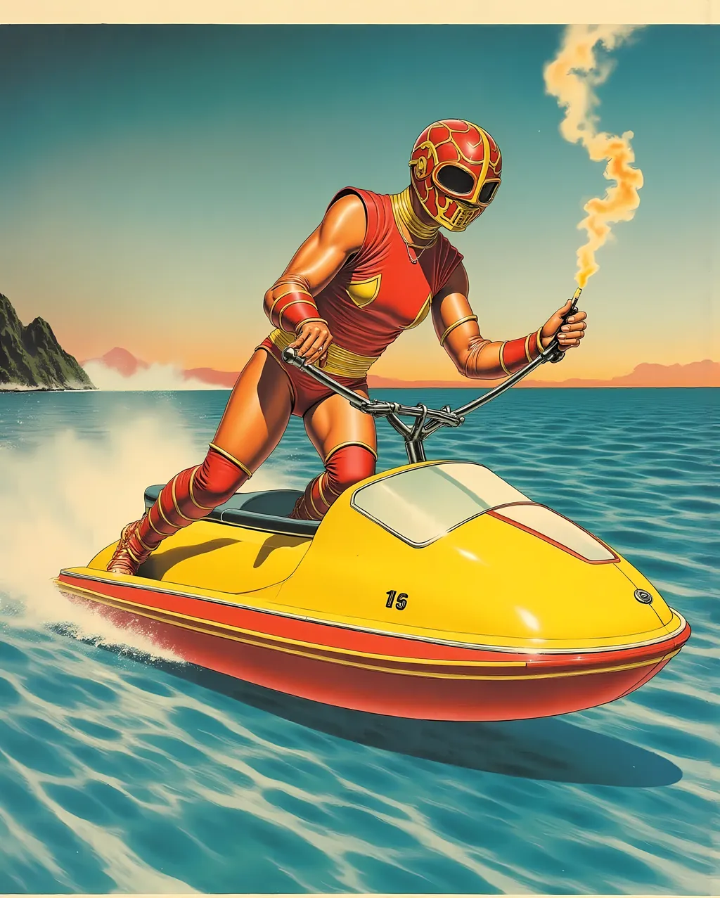 Prompt: female Luchador wrestler (dressed in full body luchador costume with full face luchador mask) riding a jet ski  holding a flare in one hand , in a hand drawn vintage Japanese tattoo style.