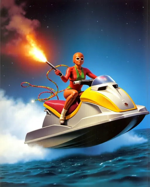 Prompt: female Luchador wrestler (dressed in full body luchador costume with full face luchador mask) riding a jet ski  holding a flare in one hand 