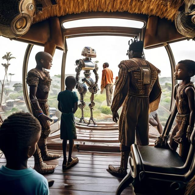 Prompt: A Zulu men with his children in different situation setting, inside an airship Zulu hut house, in a future times, with Zulu design ai and AGI robots, they are looking outside the large Windows of the 27 storey flat watching flying  car's traffic through tall buildings, futuristic earth civilization  scenes super realism masterpieces, utopia year 2035