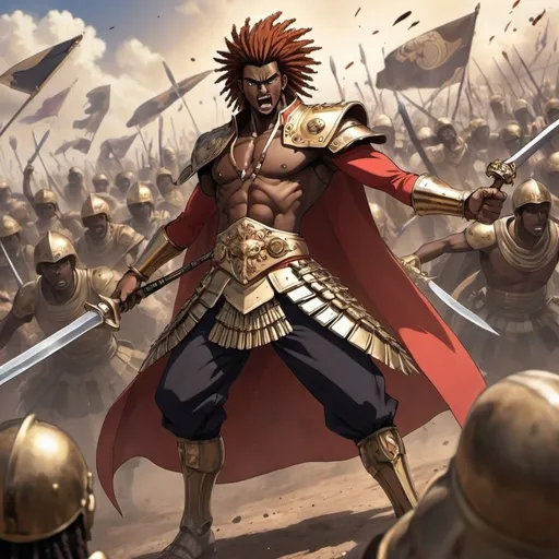 Prompt: Anime male characters in an epic battle, Zulu renditions