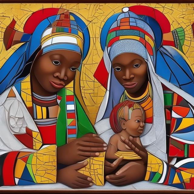 Prompt: Nativity masterpieces, Esther Mahlangu renditions super realism