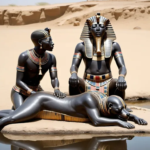 Prompt: The boy king Tutunkhamun lying on his stomach, drinking water from a pond, 2 armed bodyguards  at his rear side with his royal hound great dame,
 super realism Ndebele renditions