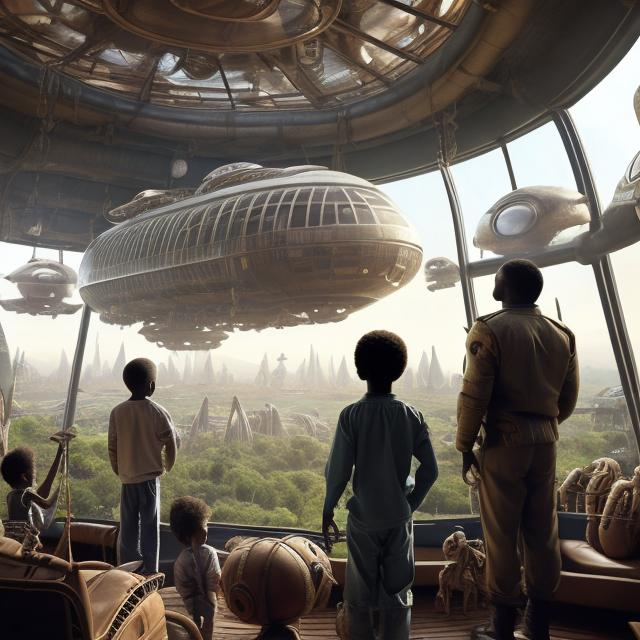 Prompt: A Zulu men with his children in different situation setting, inside an airship Zulu hut house, in a future times, with Zulu design ai and AGI robots, they are looking outside the large Windows of the 27 storey flat watching flying  car's traffic through tall buildings, futuristic earth civilization  scenes super realism masterpieces, utopia year 2035