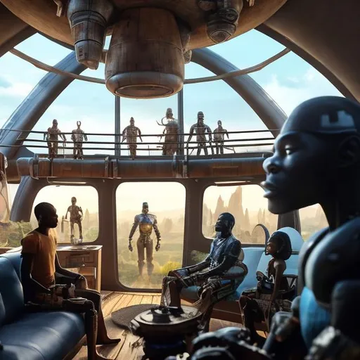 Prompt: A Zulu men with his children in different situation setting, inside an airship Zulu hut house, in a future times, with Zulu design ai and AGI robots, they are looking outside the large Windows of the 27 storey flat watching flying  car's traffic through tall buildings, futuristic earth civilization  scenes super realism masterpieces, utopia year 2035