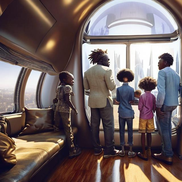 Prompt: A middle aged Zulu men with his grand children inside an airship  house, in a future times, they are looking outside the large Windows of the 27 storey flat, watching flying  car's traffic through tall buildings, futuristic scenes super realism masterpieces, utopia year 2035