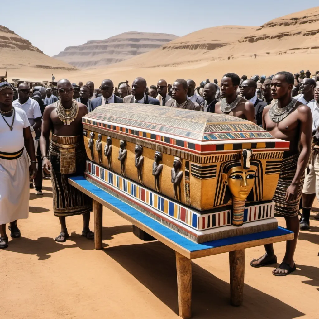 Prompt: The funeral procession with the sarcophagus of king Tutunkhamun, super realism Ndebele renditions