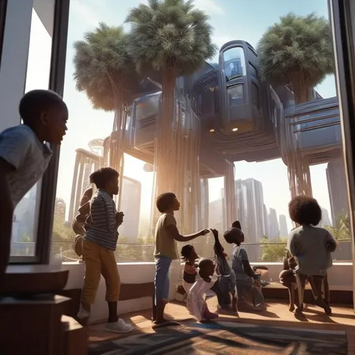 Prompt: A middle aged Zulu men with his grand children inside their house, in a future times, they are looking outside the large Windows of the 27 storey flat, watching flying  car's traffic through tall buildings, futuristic scenes super realism masterpieces, utopia year 2035