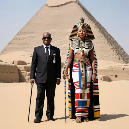 Prompt: The boy king Tutunkhamun and his queen Ankhsuamun at the pyramids and sphinx, escorted by officials, super realism 
Esther Mahlangu renditions