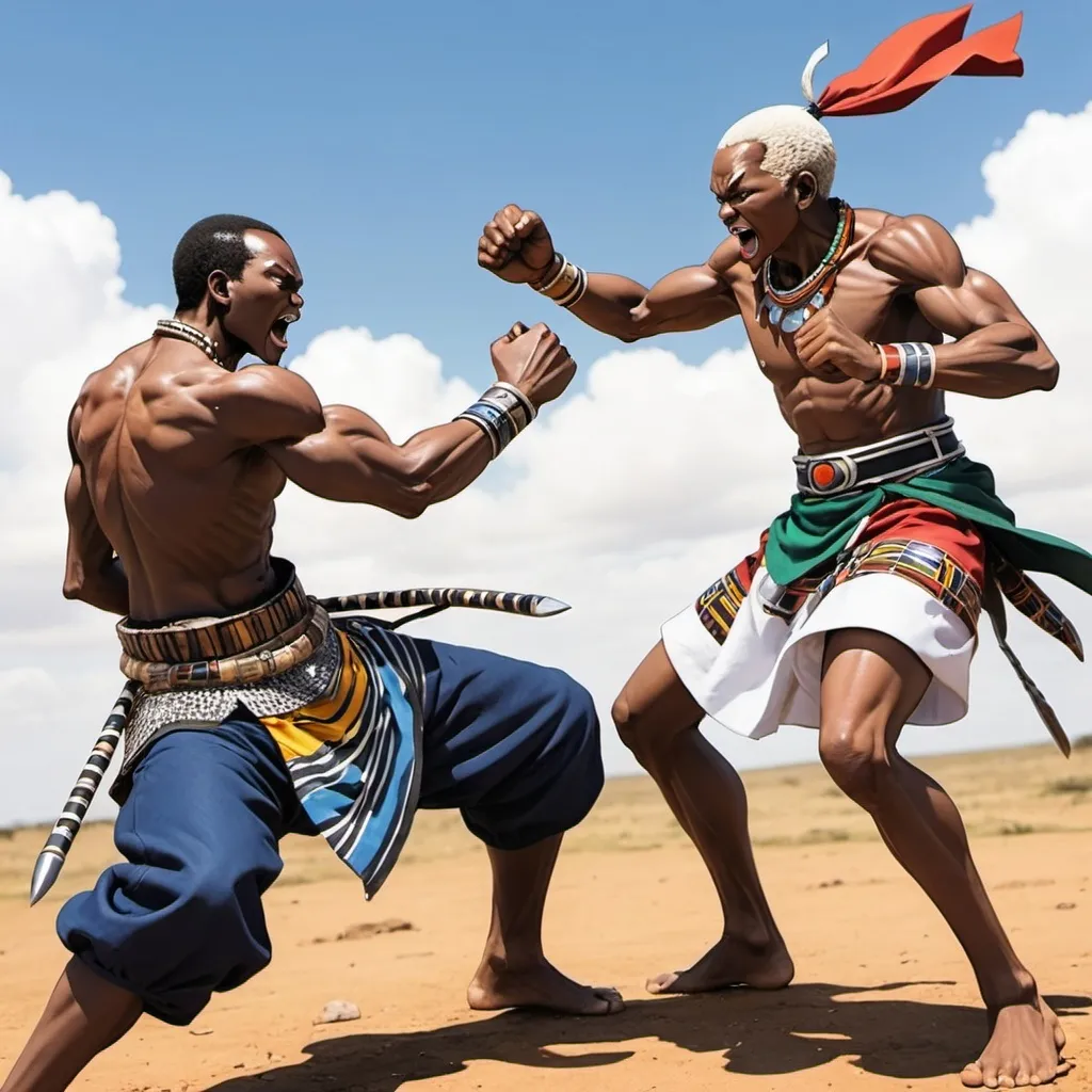 Prompt: Manga Anime fighting scenes, Ndebele renditions