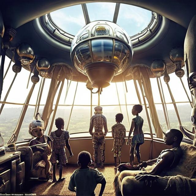 Prompt: A Zulu men with his children inside an airship Zulu hut house, in a future times, with Zulu design ai and AGI robots, they are looking outside the large Windows of the 27 storey flat watching flying  car's traffic through tall buildings, futuristic earth scenes super realism masterpieces, utopia year 2035