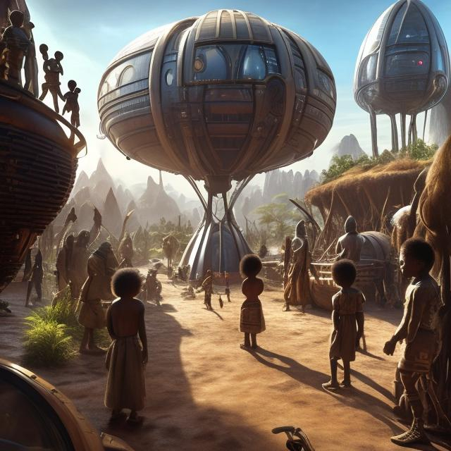 Prompt: A Zulu men with his children in different situation setting, inside an airship Zulu hut house, in a future times, with Zulu design ai and AGI robots, they are looking outside the large Windows of the 27 storey flat watching flying  car's traffic through tall buildings, futuristic earth civilization  scenes super realism masterpieces, utopia year 2035