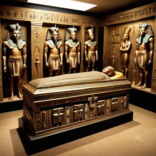 Prompt: The Tomb with the sarcophagus and treasure of king Tutunkhamun, super realism Zulu renditions